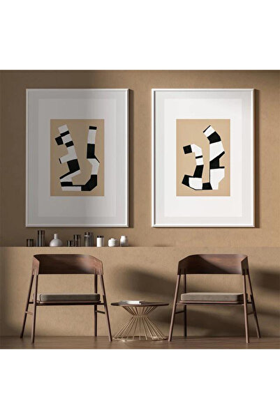Linacci İkili Beyaz İnce Metal Çerçeve Krem Soyut Cam Tablo Seti