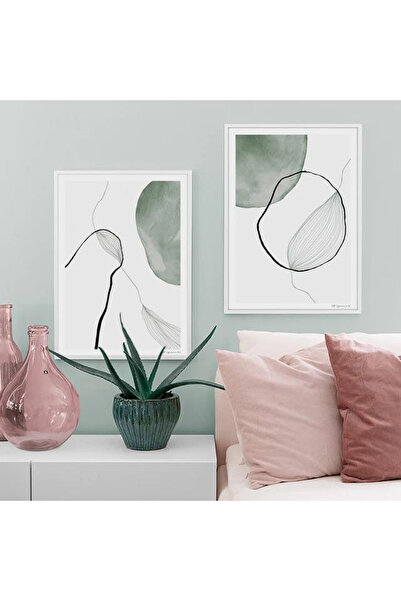 Linacci İkili Beyaz İnce Metal Çerçeve Yeşil Hare Cam Tablo Seti