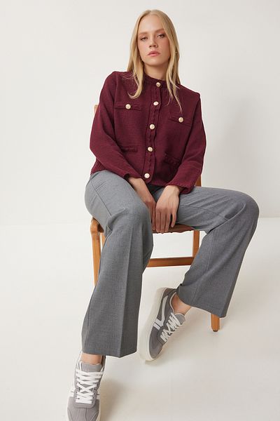 Lovelyİstanbul Stylish Buttoned Textured Knitwear Cardigan Claret Red Ldp0009