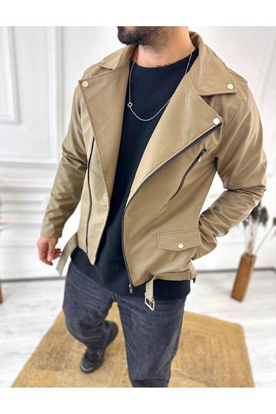 elkumoda Δερμάτινο μπουφάν Διαγώνιο φερμουάρ Ζώνη New Season Pocket Δερμάτινο παλτό