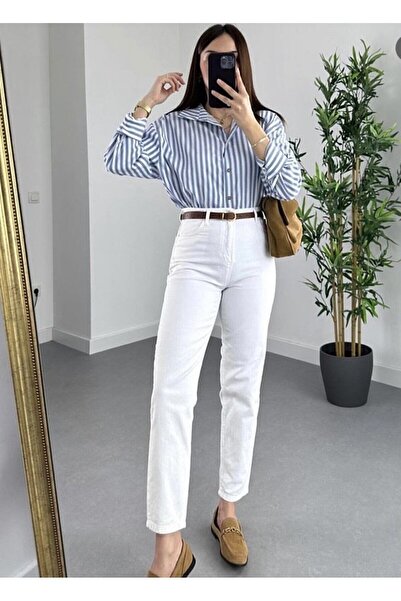 JAXEN Ns-56251 Women's White High Waist Stretch Fabric Mom Jean Denim Pants