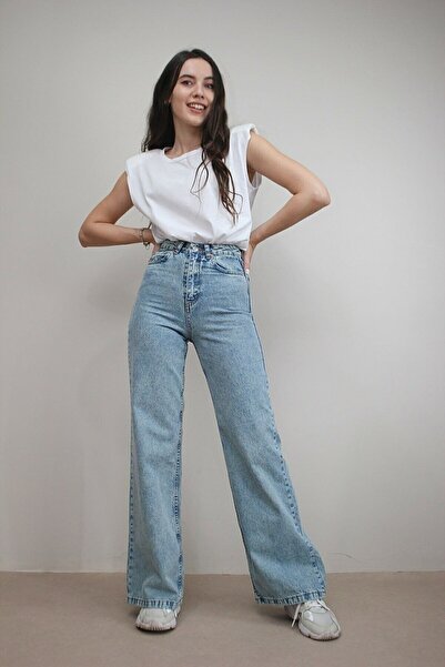 WODDİ جينز Tanem نسائي أزرق من الليكرا مغسول بالثلج وخصر عالي وواسع الساق