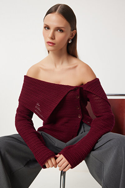 Lovelyİstanbul Claret Red Carmen γιακάς πλεκτό μπλούζα - με κουμπιά, χαμηλό LFN0066