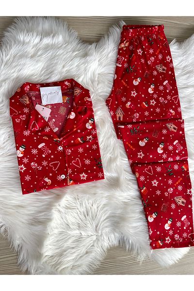 Pijamacs Červený vánoční vzorovaný semišový pyžamový límec s dlouhým rukávem
