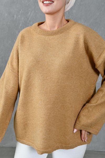 4S1B FASHION Пуловер с камилски трикотаж с хиджаб - широк ръкав, с отворени рамене, кръгло деколте, дълъг ръкав, извънгабаритна кройка 4091
