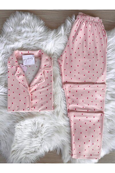 Pijamacs Pembe Puantiye Desenli Süet Gömlek Yaka Uzun Kol Pijama Takımı