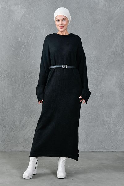 4S1B FASHION Rochie modestă pentru femei, cu umăr în afara gâtului, cu mânecă lungă, cu centură, tricotaje negre supradimensionate, islamică 4097