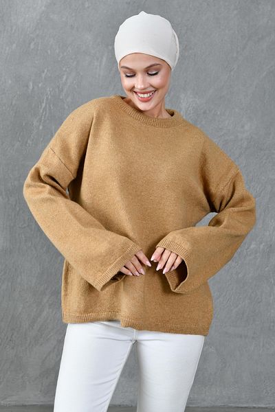 4S1B FASHION Пуловер с камилски трикотаж с хиджаб - широк ръкав, с отворени рамене, кръгло деколте, дълъг ръкав, извънгабаритна кройка 4091