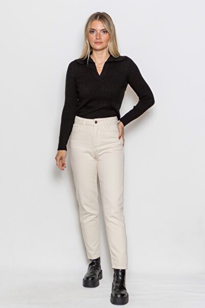 WODDİ Pantaloni de damă Tayga, crem, cu talie înaltă, model Basic Mom Jean