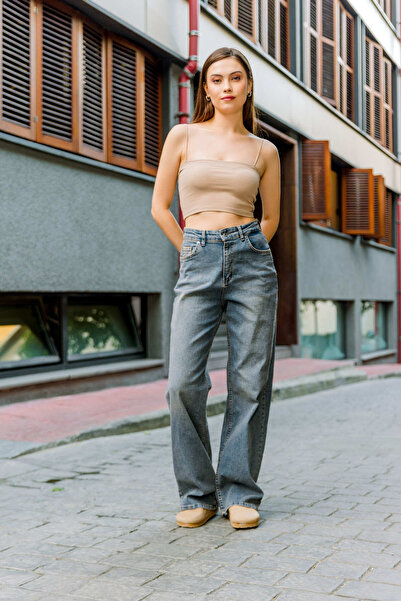 Maule Mavi Üksek Bel, Esnek Denim Kumaş Geniş Paça Palazzo Kadın Kot Jean Pantolon @cesena