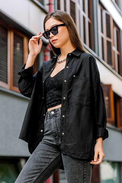 Maule Black Gabardine Cotton - Snap Fastener, Double Pocket, Off-Shoulder Oversize Shirt @Livorno