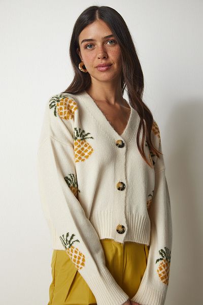 Lovelyİstanbul Patterned Knitwear Cardigan - Cream Mustard, Model Lbv0005