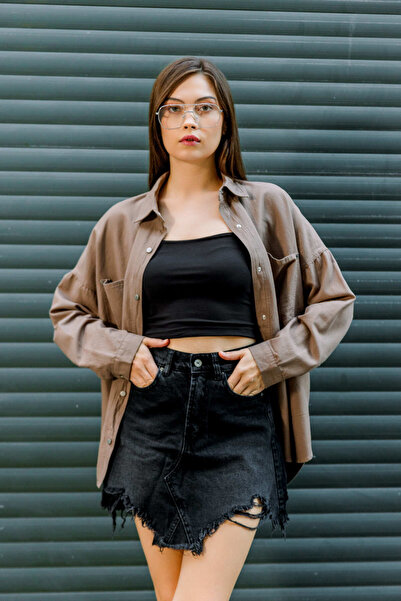 Maule Μπεζ Γκαμπαρντίνα Βαμβακερό - Snap, Διπλή Τσέπη, Off Shoulder Oversize πουκάμισο @livorno