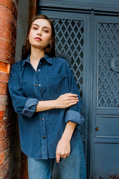 Maule Indigo Women's Oval Shirt - 100% Cotton, 21 Corduroy, Snap Fastener, Double Pocket @Trieste