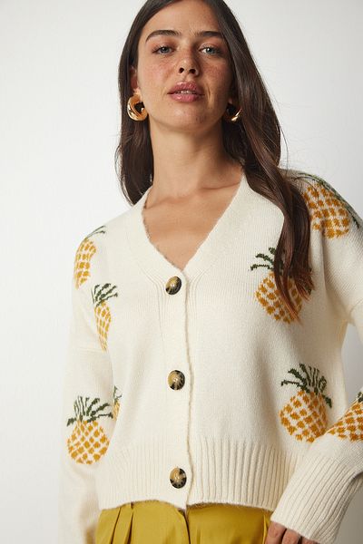 Lovelyİstanbul Patterned Knitwear Cardigan - Cream Mustard, Model Lbv0005