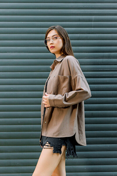 Maule Μπεζ Γκαμπαρντίνα Βαμβακερό - Snap, Διπλή Τσέπη, Off Shoulder Oversize πουκάμισο @livorno