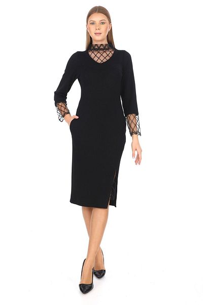 etselements Robă rochie cu guler din tul din plasă cu detaliu cu fantă neagră Ets6250