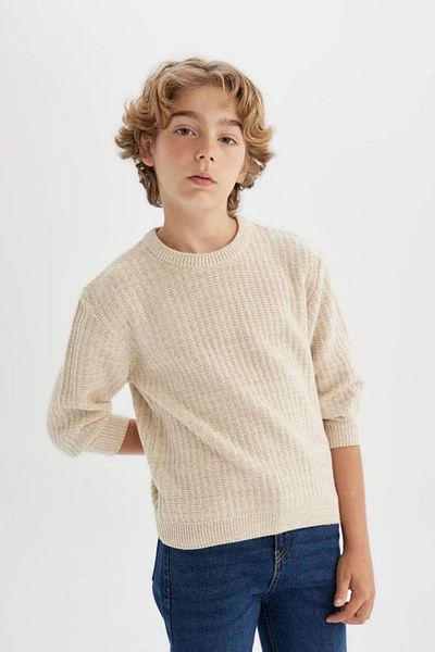 DeFacto Boy's Beige Crew Neck Basic Plain Knitwear Sweater C9468A824Au
