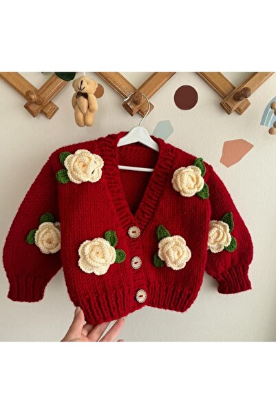 El örgüsü Gül Detaylı El Örgüsü Çocuk Hırka, Çiçek Detaylı Bebek Hırka