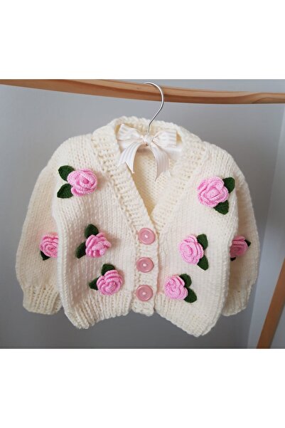 El örgüsü Rose Detailed Hand Knitted Children's Cardigan, Flower Detailed Bab...