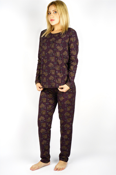 Trendglow Női kockás macskamintás pamut pizsama szett - fekete hosszú ujjú, széles lábú nyakú
