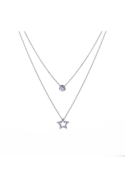 NAGISS Yıldız Tektaş Model Zirkon Taşlı 925 Ayar Gümüş İkili Kadın Kolye