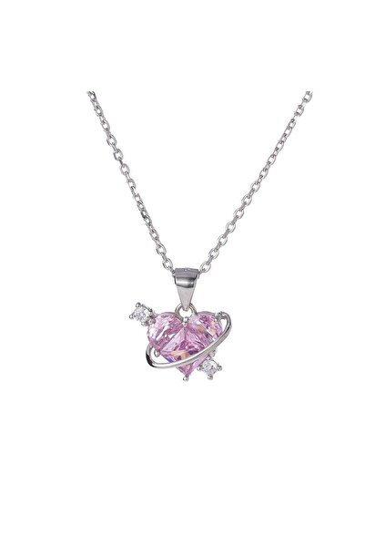 NAGISS Kalp Detaylı Pembe Zirkon Taşlı 925 Ayar Gümüş Kadın Kolye