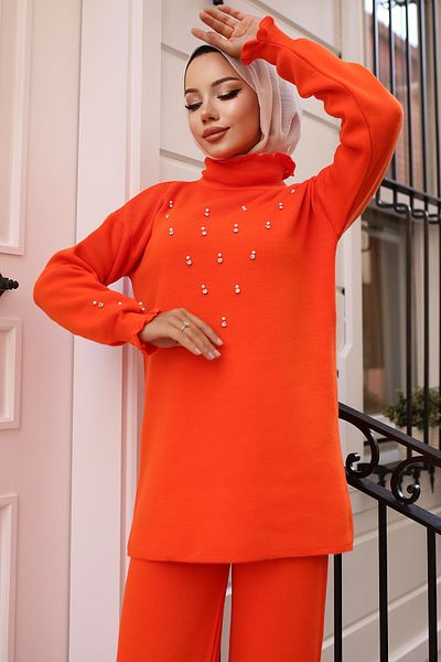 benguen 6077 Model Orange Knitwear Set - Stone Detailed