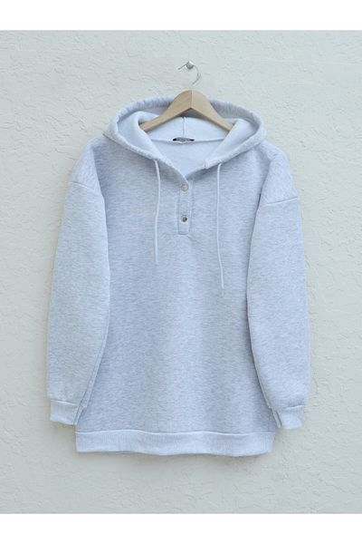 Modamorfo Ανοιχτό γκρι κουκούλα Raised Sweat - Τρεις κλωστές, κούμπωμα στον γιακά