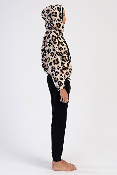VİENETTA Kadın Uzun Kol Polar Kapüşonlu Fermuarlı Leopar Bej  Pijama Takım C6T6N0O304