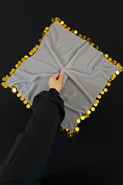 ZEYMERADE Büyük Boy Şifon Halay Mendili, 50x50cm Gri Gold 1 Adet, Gelin Damat...