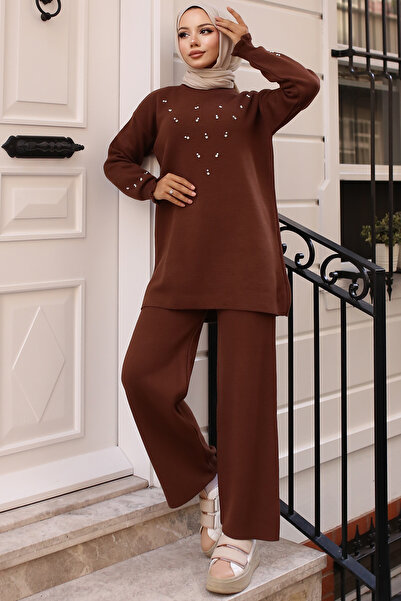 benguen 6077 Stone Detailed Knitwear Set Brown