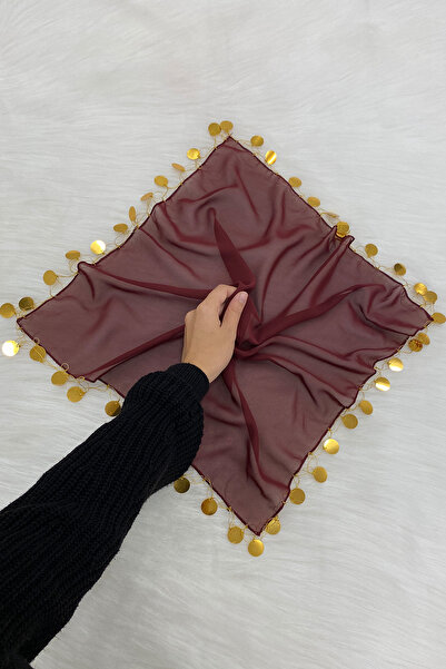 ZEYMERADE Büyük Boy Şifon Halay Mendili, 50x50cm Bordo Gold 1 Adet, Gelin Dam...