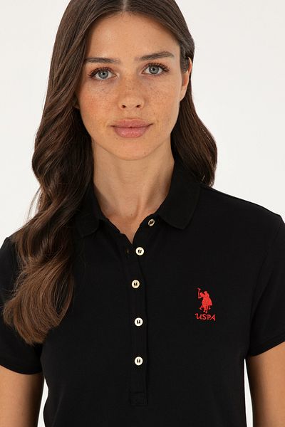 U.S. Polo Assn. Rochie tricotată neagră pentru femei, cu guler polo, mini dimensiune 50280038-vr046