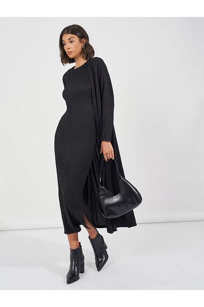 Styli Textured Midi Dress & Open Front Kimono Co-Ords