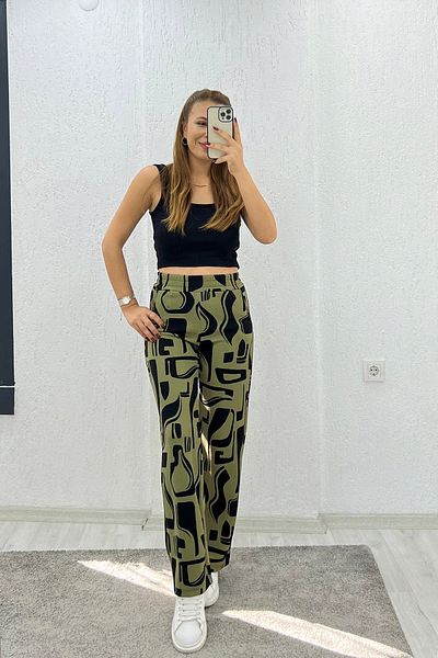 İrka Moda Crepe Fabric Leopard Green Pants