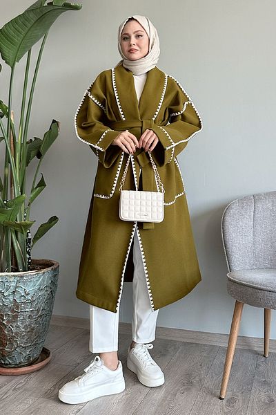 InStyle Παλτό λαδί πράσινο κασμίρ με ζωσμένη ραφή Shepherd