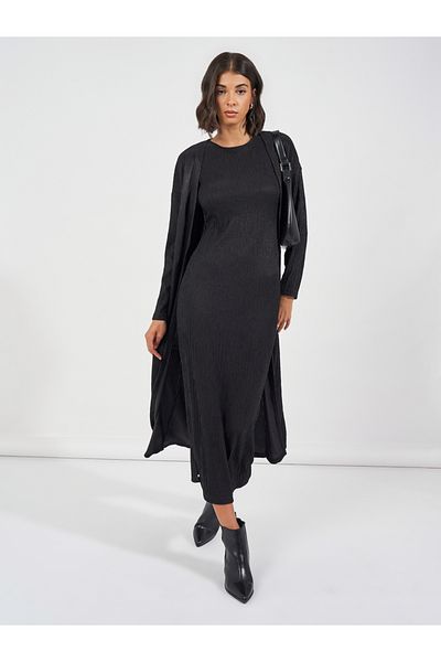 Styli Textured Midi Dress & Open Front Kimono Co-Ords