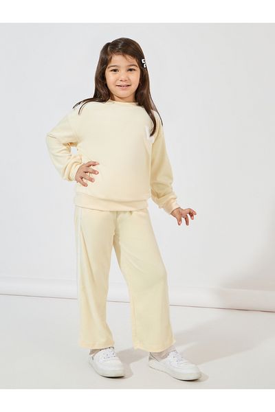 Styli Patch Detail Velvet Sweatshirt & Side Seam Striped Patch Pant Set