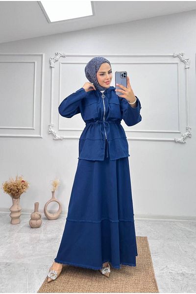 Cardella Camelya Premium Navy Blue Hijab Attached Len Σετ - Ακατέργαστη φούστα και μπουφάν