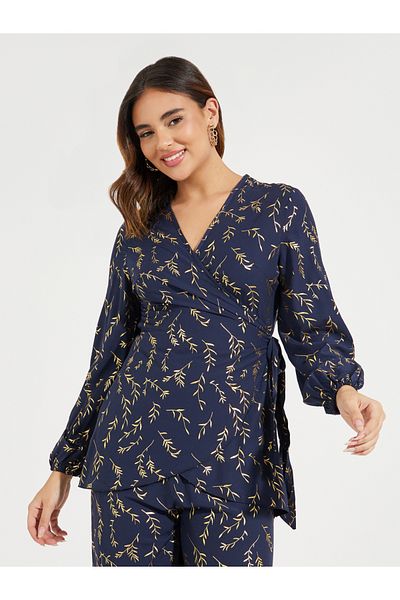 Styli Foil Print Wrap Top & Pants Co-Ords