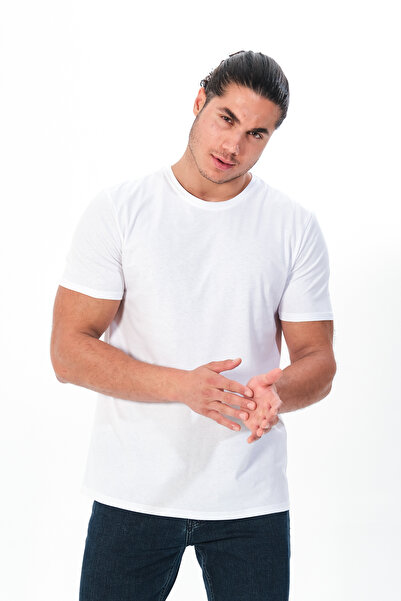 NERWES Erkek Bisiklet Yaka Tişört Regular Fit Pamuk Basic T-shirt Beyaz