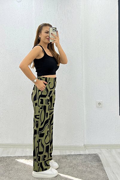İrka Moda Crepe Fabric Leopard Green Pants