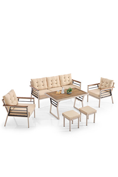 Evdemo Lara Metal Puflu Bahçe Balkon Takımı 3+1+1+Ahşap Masa Cappuccino