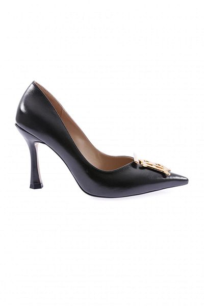 DGN Pantofi cu toc cu cataramă cu litere T și B pentru femei, negru metalic 101663236