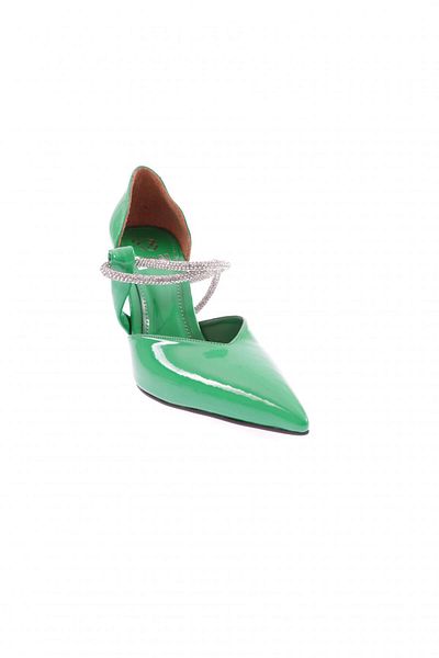 DGN Pantofi cu toc înalt pentru femei, cu vârf ascuțit, decoltat, cu strasuri, cu bandă, din piele verde 8817535