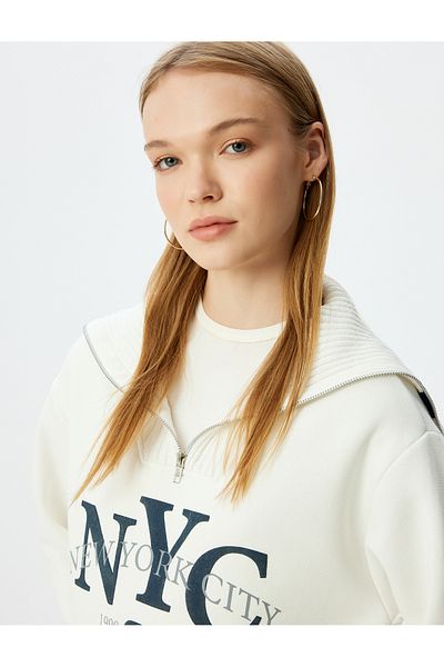 Koton Stand Collar Half Zipper College Printed Ribbed Oversize Sweatshirt