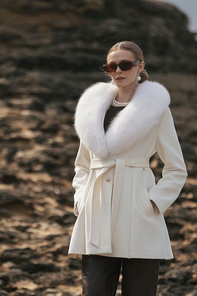 Olcay Sheepskin Cashmere Coat with Detachable Collar - Ekru 3008-Tk
