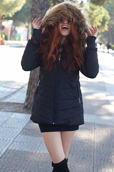 Barbora Kışlık Eldivenli Kapüşonu Kürklü Kadın Şişme Mont