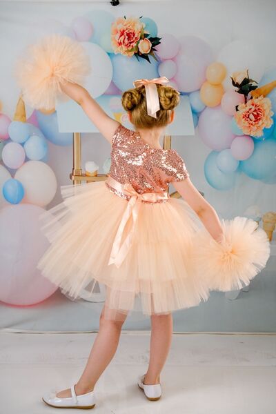 Mixie Salmon Evening Dress Party Dress with Buckle and Pompom Sleeves for Girl